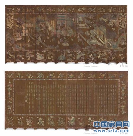 圖2 清康熙 褐漆款彩“滿床笏”圖十二扇屏